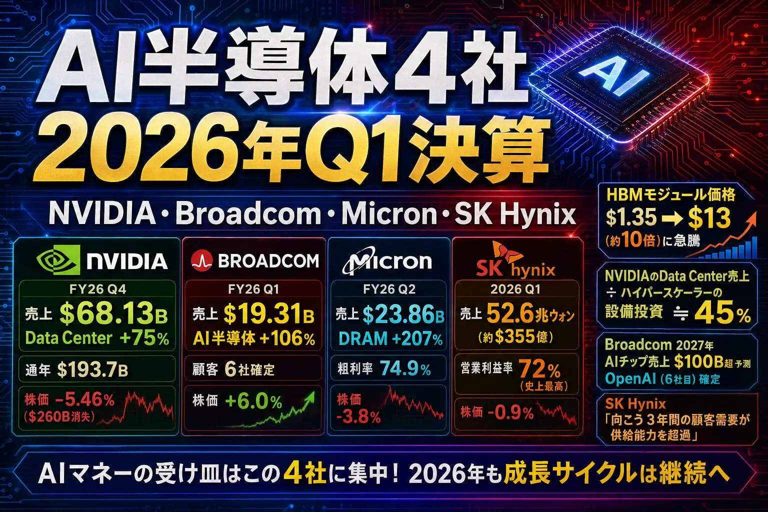 AI半導体4社決算 完全分析｜NVIDIA・Broadcom・Micron・SK Hynix
