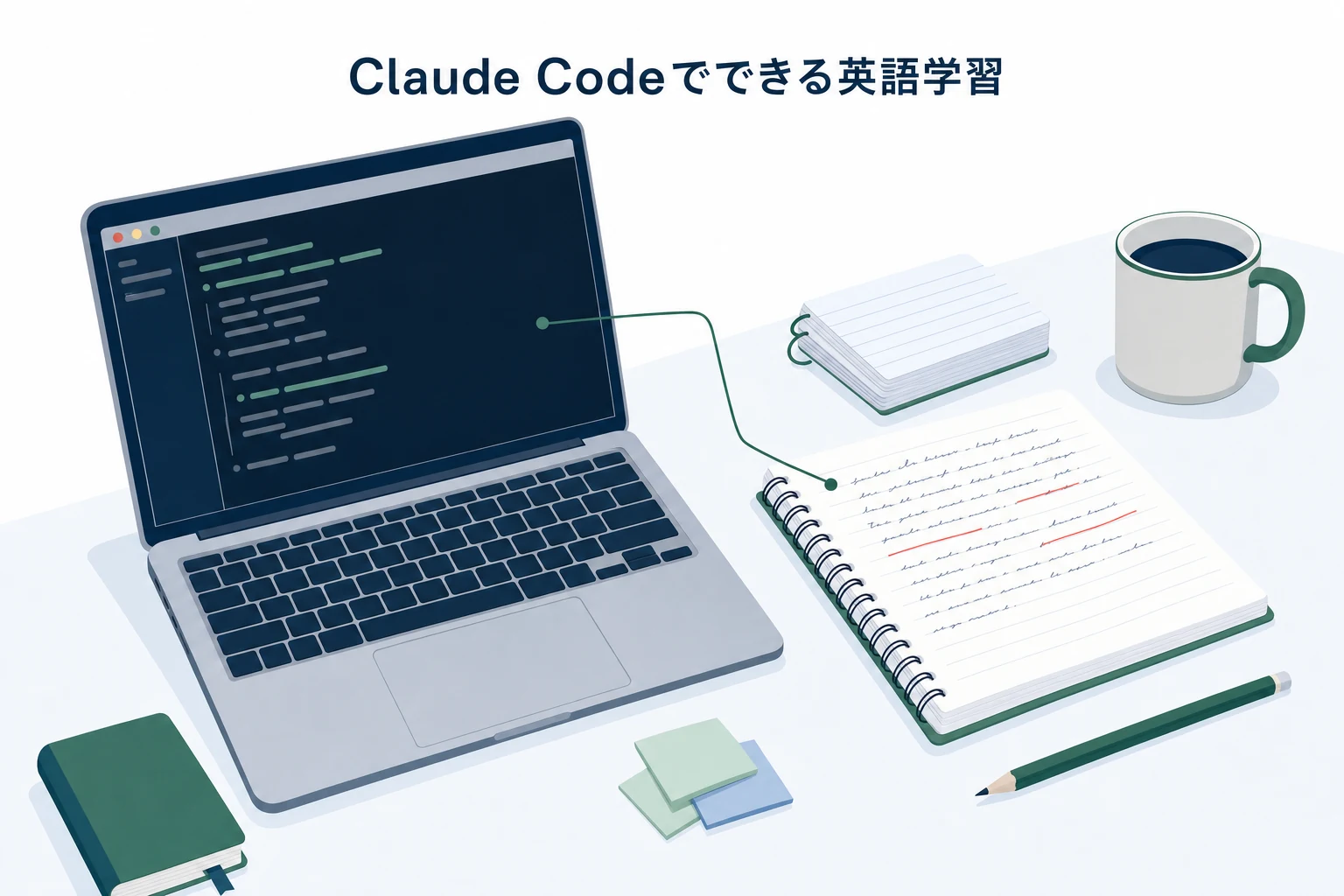 ノートパソコンのターミナル画面と、英語のノート・単語カードが並ぶ机の上のイラスト。Claude Codeを英語学習に使うことを表したアイキャッチ