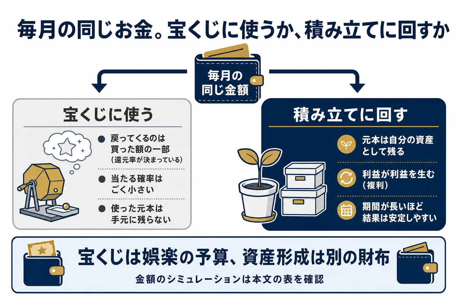 毎月の同じ金額を宝くじに使う場合と積み立てに回す場合の違いを左右で対比し、元本が残るか・複利が働くか・期間の効果を整理した図解