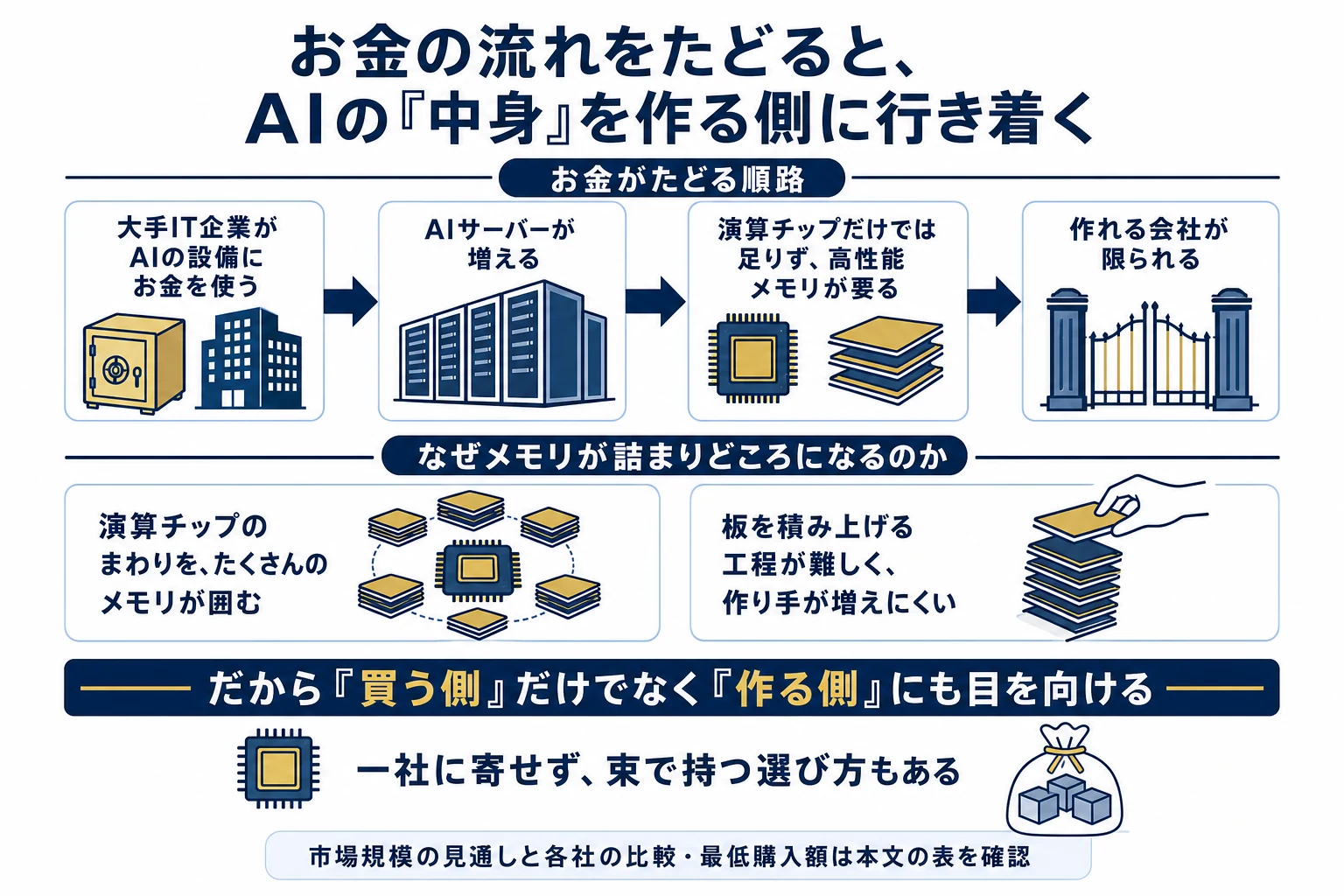 AI設備にお金を使う大手IT企業からAIサーバー、高性能メモリ、作れる会社が限られるという順にお金の流れをたどり、演算チップに大量のメモリが必要で積層工程が難しいためメモリが詰まりどころになる理屈を示した図解。