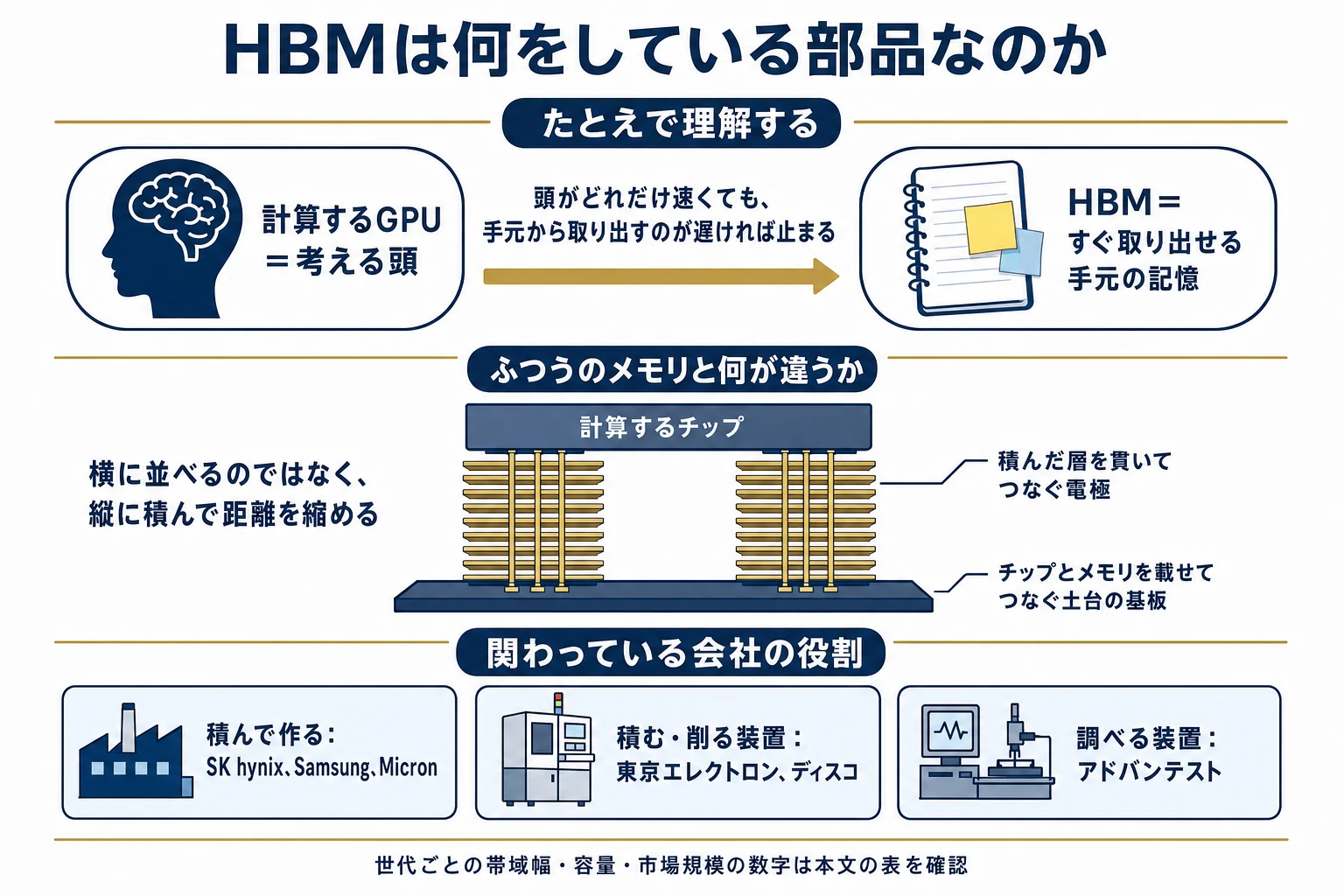 HBMを計算するGPUに対する手元の記憶にたとえ、メモリを縦に積んで貫通電極と土台の基板でつなぐ構造を示し、作る会社・積む装置・調べる装置の役割を整理した図解