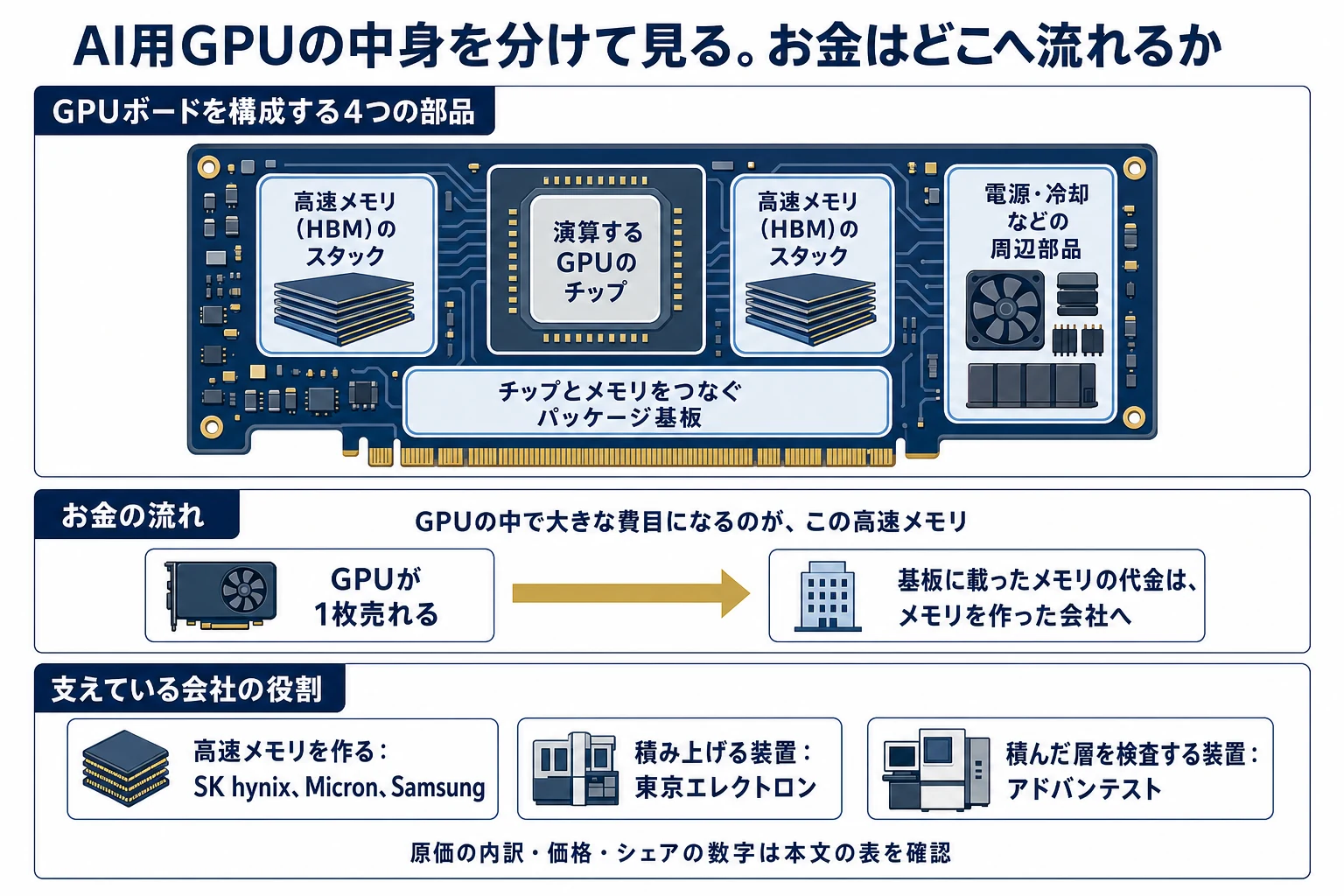 AI用GPUボードを演算チップ・高速メモリ・パッケージ基板・周辺部品に分けて示し、メモリ代金がメモリメーカーに流れる構造と関連企業の役割を整理した図解