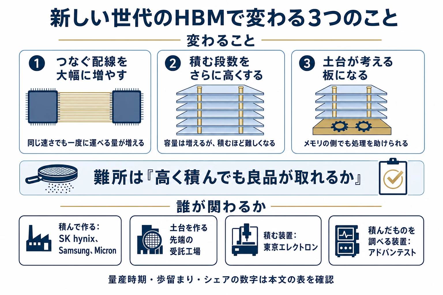 新世代HBMで変わる3点（配線を大幅に増やす・積む段数を高くする・土台がロジック化する）と、良品を取る難しさ、関わる企業の役割を整理した図解