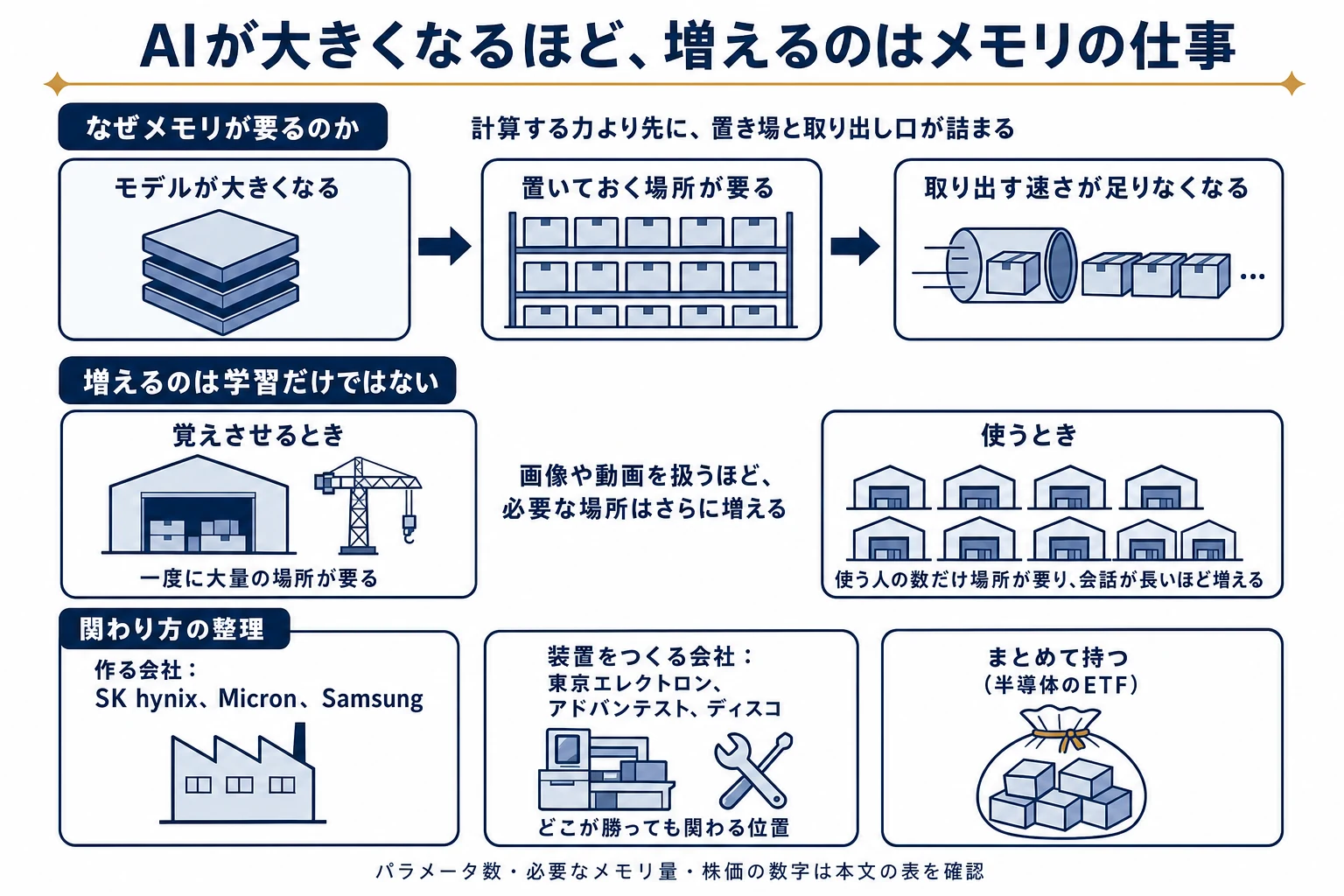 AIモデルが大きくなるとメモリの置き場と取り出し速度が先に詰まる流れを示し、学習だけでなく推論でも需要が増えることと、作る会社・装置の会社・まとめて持つという関わり方を整理した図解