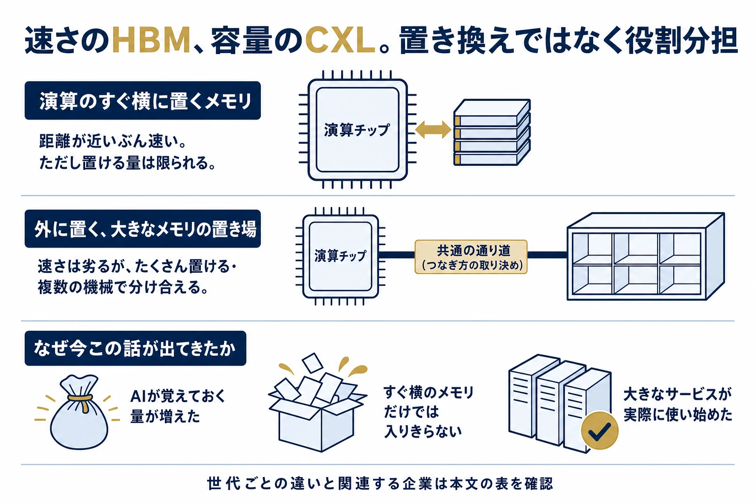 演算チップのすぐ横に密着する速いメモリと、共通の通り道で外につなぐ大容量のメモリ置き場を並べ、二つが置き換えではなく速さと容量の役割分担であることを示した図解。AIが覚える量の増加が背景にあることも添えている。
