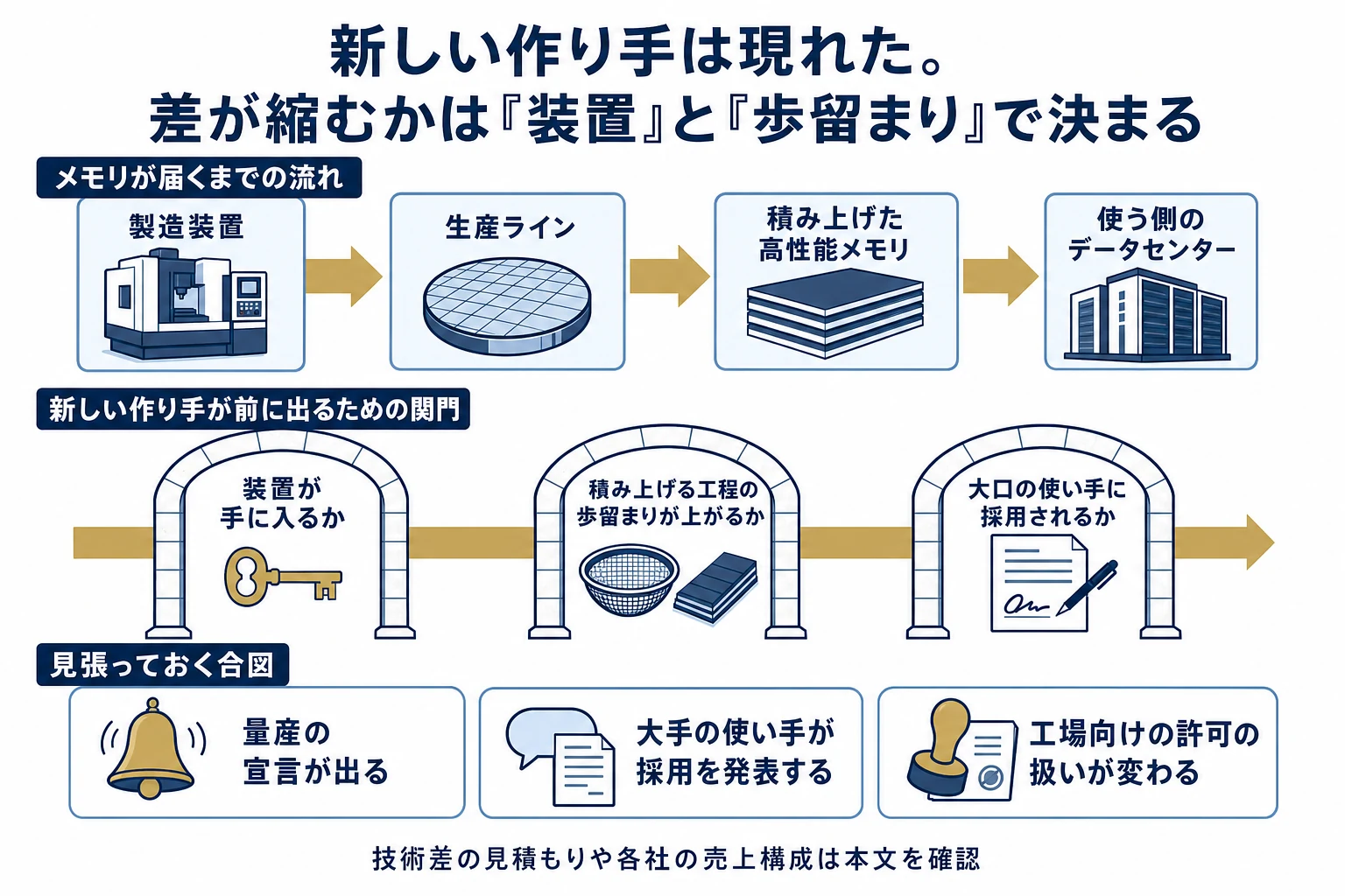 メモリ供給の流れを製造装置から生産ライン、積層メモリ、データセンターへとたどり、新しい作り手が前に出るには装置の入手、積層工程の歩留まり、大口採用という三つの関門を通る必要があることと、量産宣言や採用発表など見張るべき合図を示した図解。