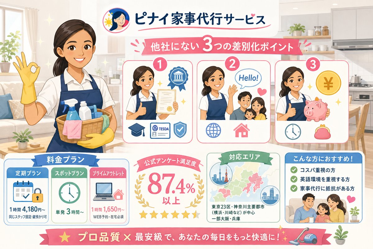 ピナイ家事代行サービスの3つの差別化ポイントまとめ図解