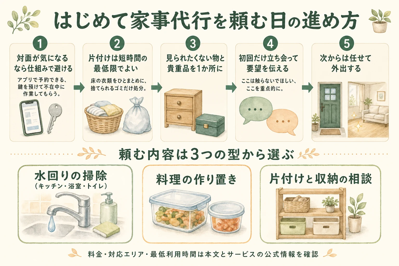 はじめて家事代行を頼む日の進め方を5ステップで示し、対面を避ける仕組み・最低限の片付け・貴重品の管理・初回の立ち会いと、頼む内容の3つの型をまとめた図解