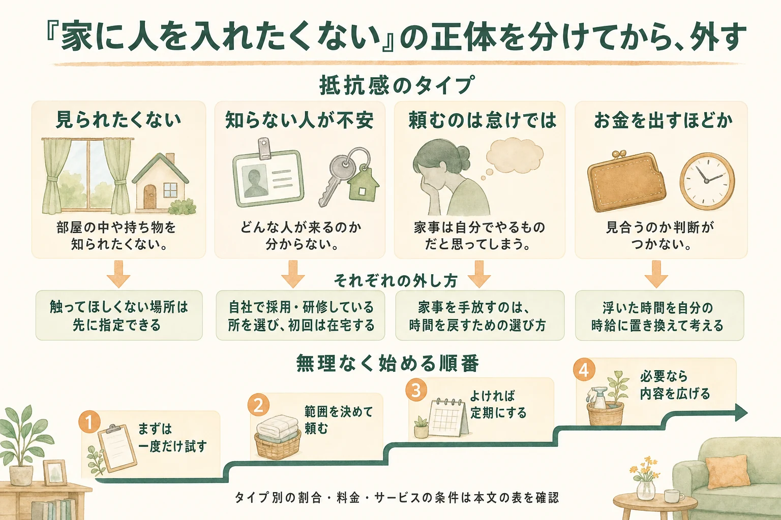 家事代行への抵抗感を見られたくない・知らない人が不安・怠けに感じる・費用に見合うか、の4タイプに分けてそれぞれの外し方を示し、一度試すところから定期利用へ広げる順番を階段で表した図解