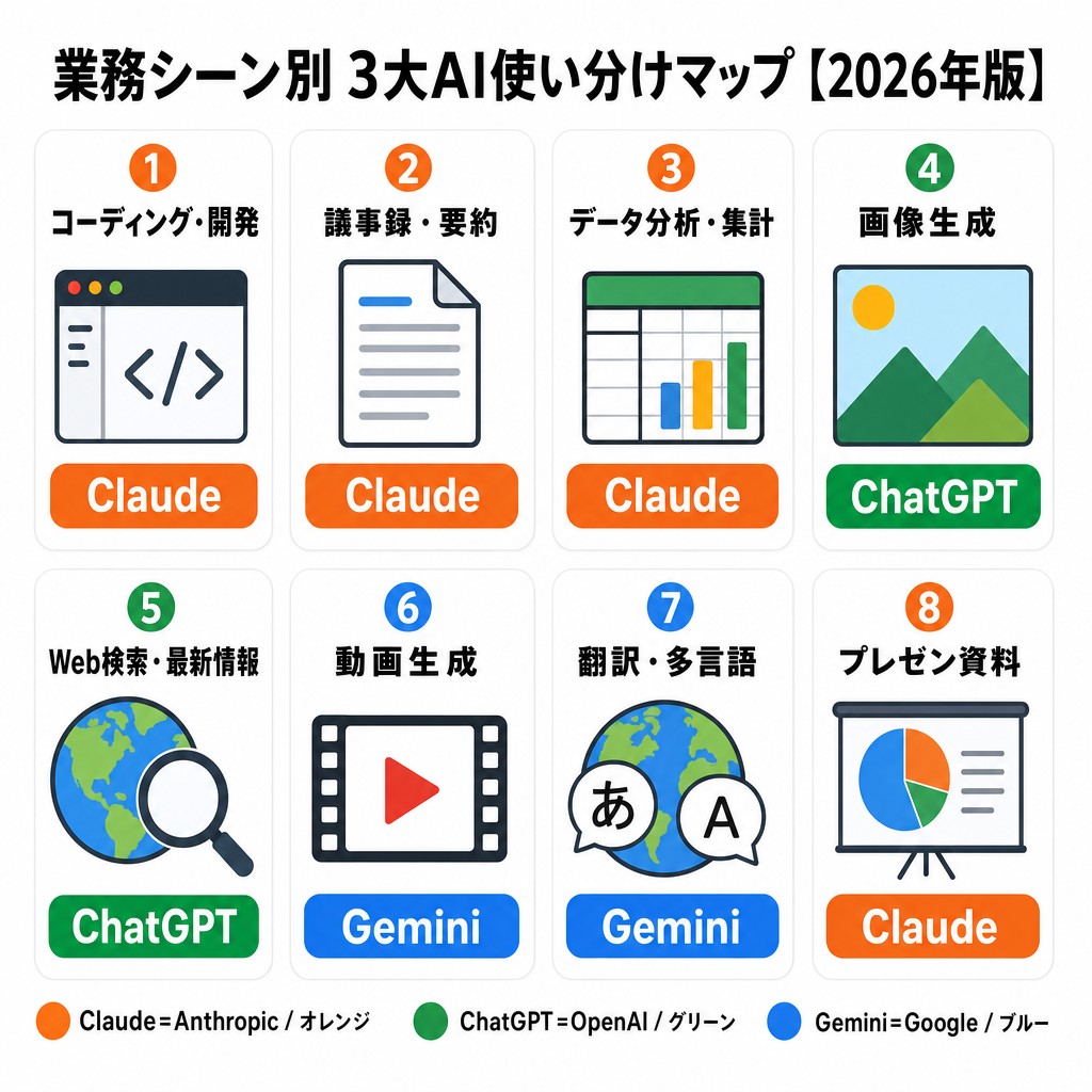 20の業務シーン×3AI評価マトリクス 画像生成はChatGPT・動画はGemini・文書はClaude【2026年版】
