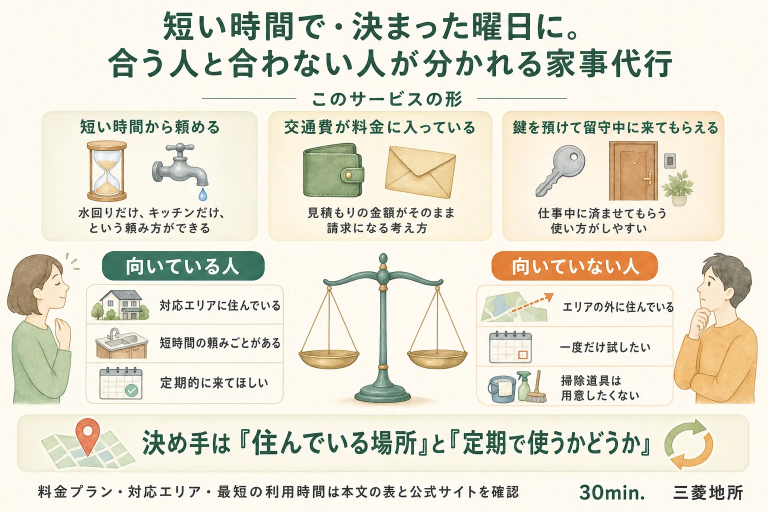 短時間から頼める・交通費込み・鍵預かりというサービスの形を示し、対応エリアと定期利用の有無で向いている人と向いていない人が分かれることを対比した家事代行の図解