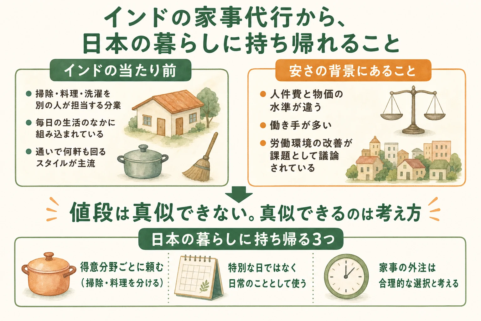 インドの家事代行に見られる分業と日常利用の文化、その安さの背景を対比し、日本の暮らしに持ち帰れる3つの考え方をまとめた図解