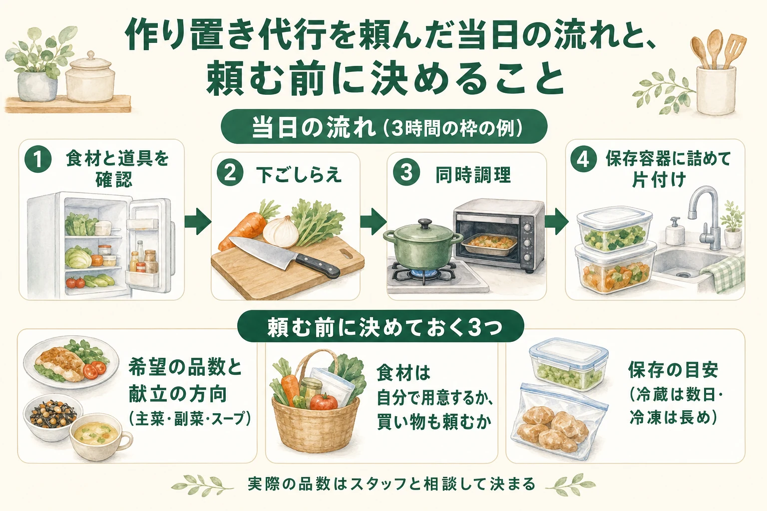 作り置き代行の当日の流れ(食材確認・下ごしらえ・同時調理・保存)と、頼む前に決める3点(品数の希望・食材の用意・保存の目安)の図解