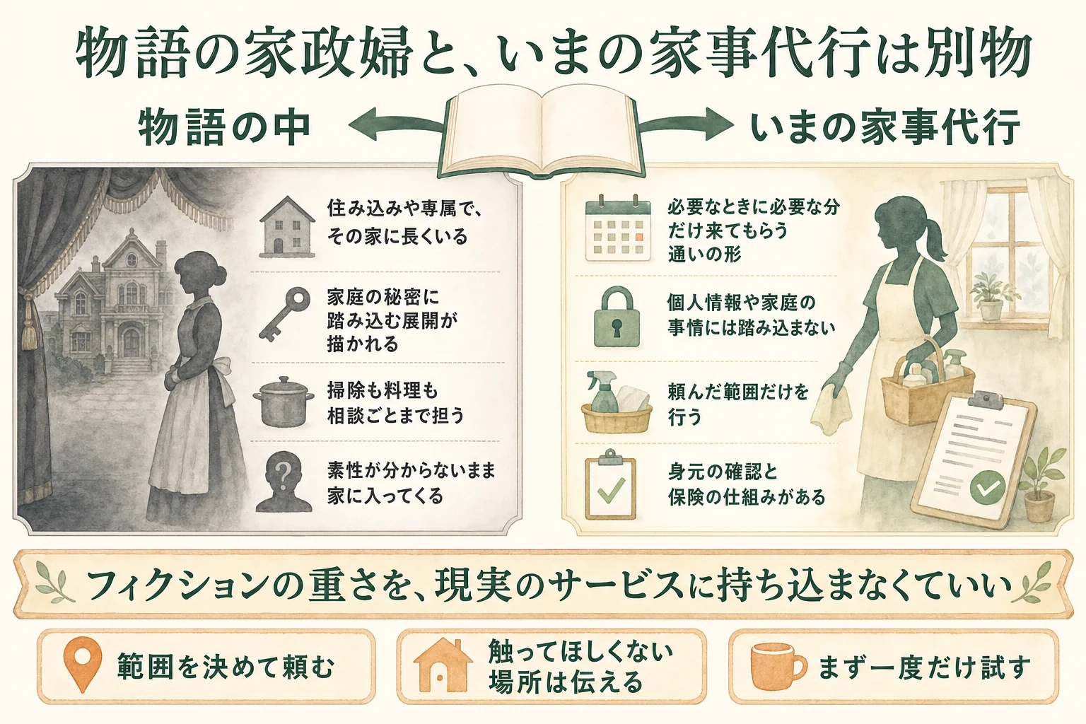 物語に描かれる住み込みの家政婦像と、通いで頼んだ範囲だけを行う現代の家事代行を、雇用の形・秘密への踏み込み・仕事の範囲・身元と保険の4項目で左右に対比した図解