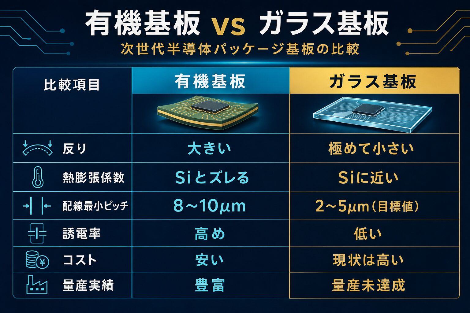 有機基板 vs ガラス基板 比較表