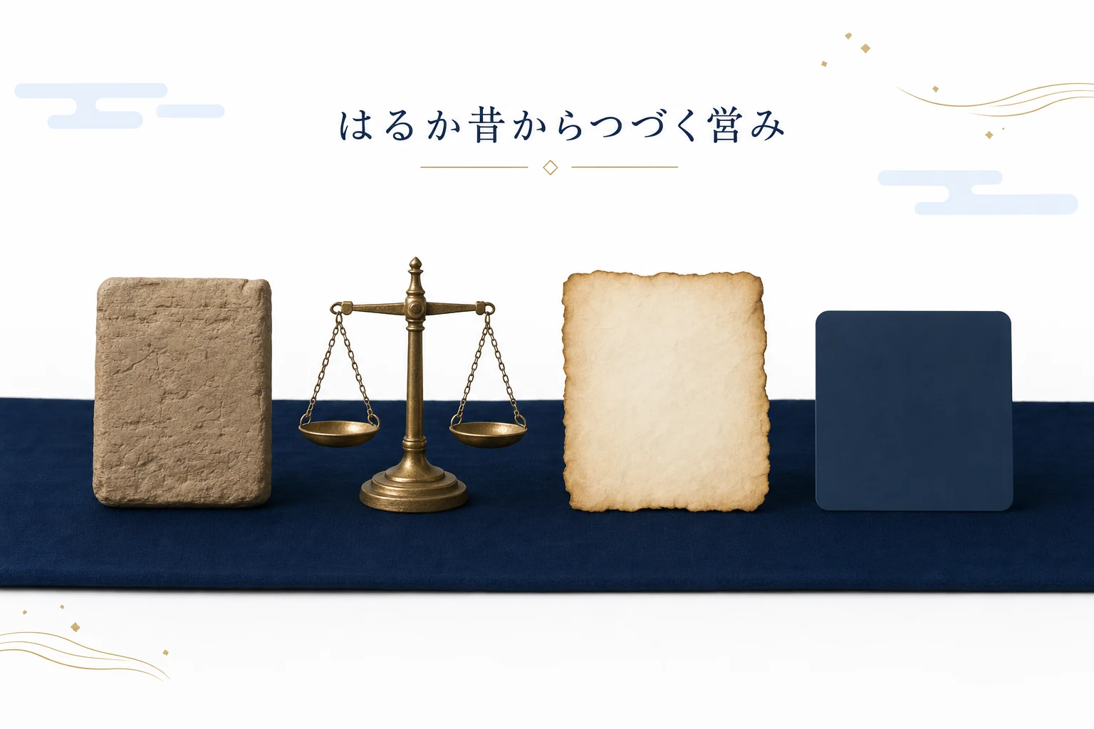 粘土板から天秤、古い証書、板状のカードへと横一列に並ぶ、投資の長い歴史のアイキャッチ