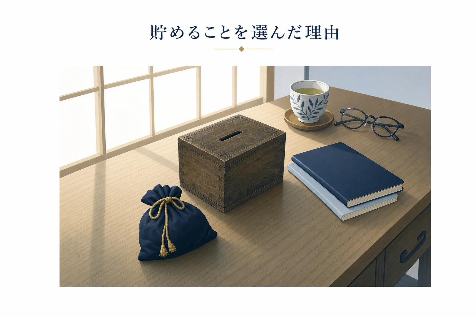 木の貯金箱と無地の通帳、朝の光を斜め上からとらえた、貯める習慣のアイキャッチ