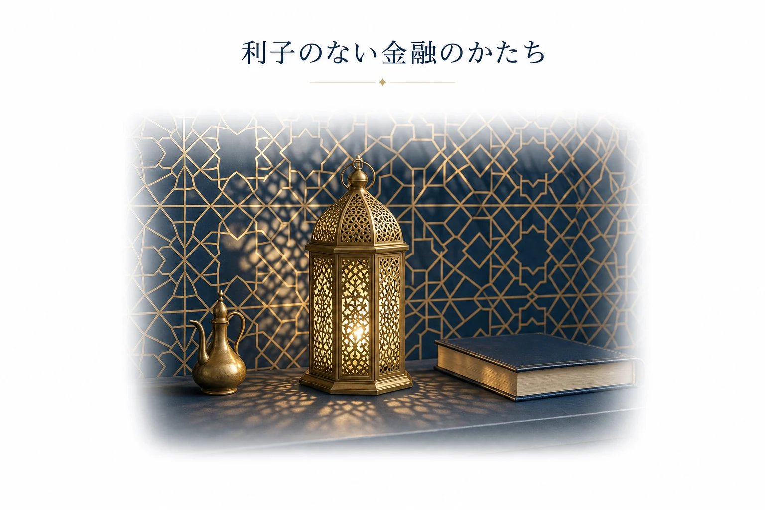 幾何学模様のタイルと真鍮のランタン、閉じた本を並べたイスラム金融のアイキャッチ