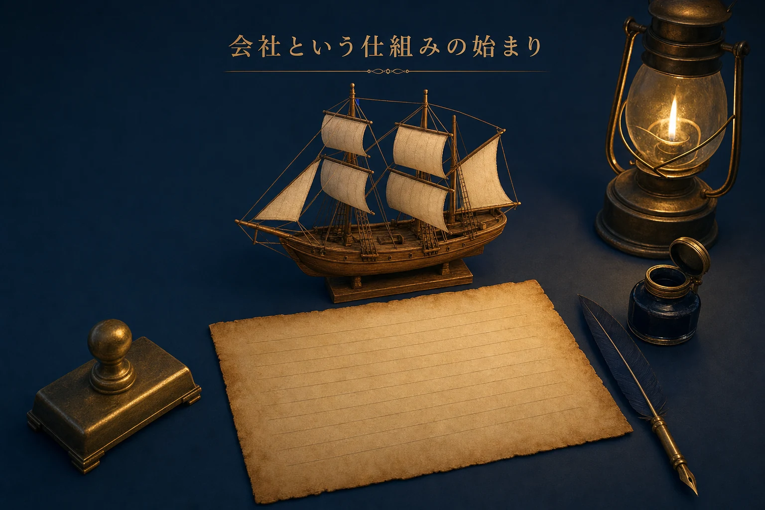 帆船の模型と古い証書、羽ペンを机に並べた、会社の仕組みの始まりのアイキャッチ
