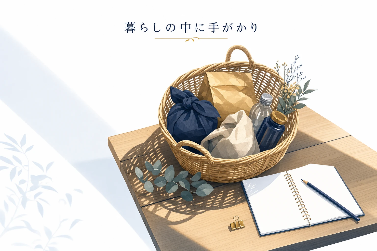 買い物かごに日用品を入れ、脇にメモと鉛筆を置いた、暮らしの中の気づきのアイキャッチ