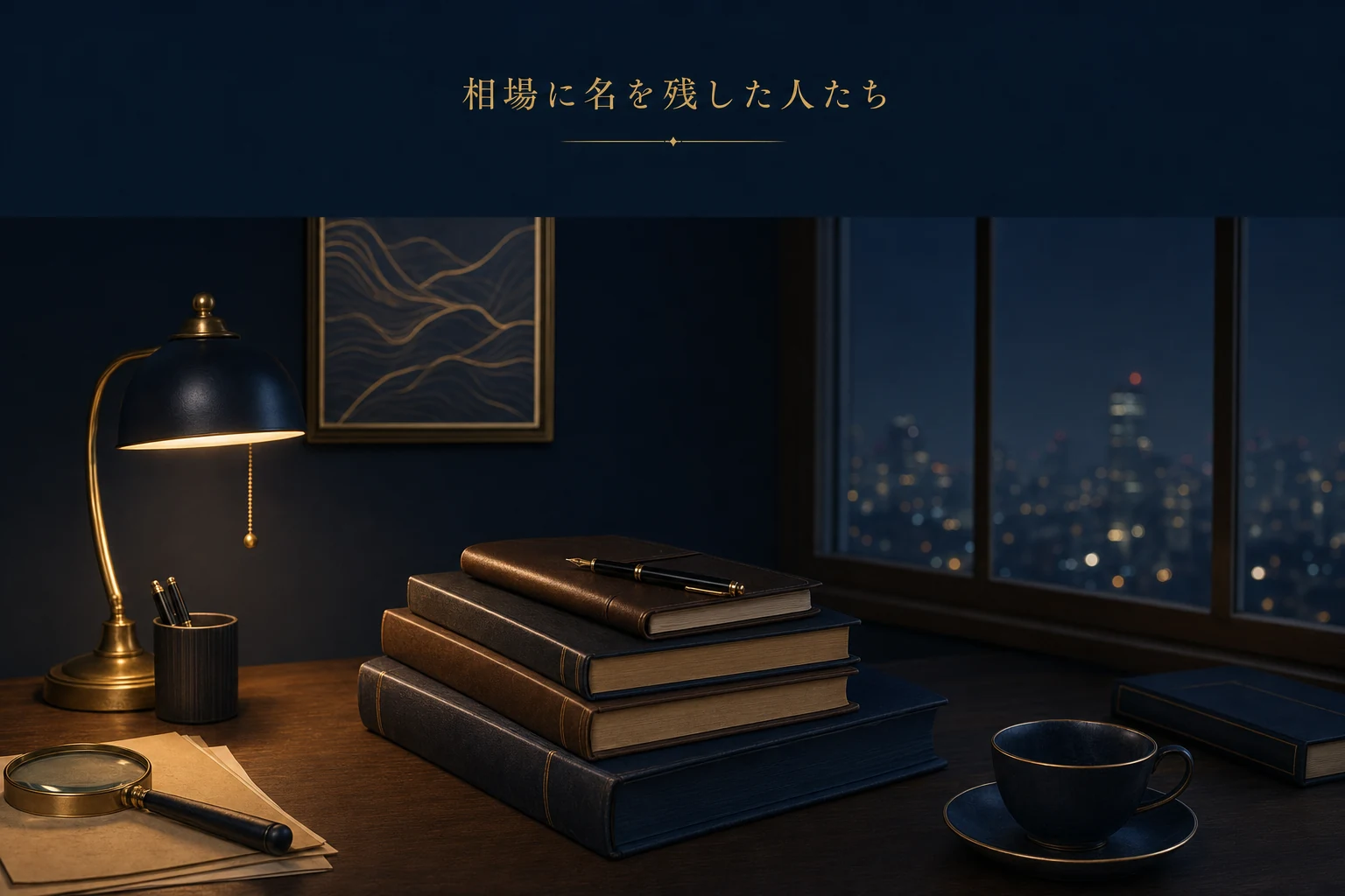 夜の書斎の机に相場の古書とノート、万年筆が並ぶ、伝説の投資家たちの手法を振り返るアイキャッチ
