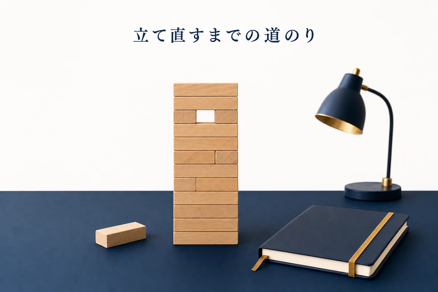 倒れた木のブロックを積み直した小さな塔を正面からとらえた、立て直しのアイキャッチ
