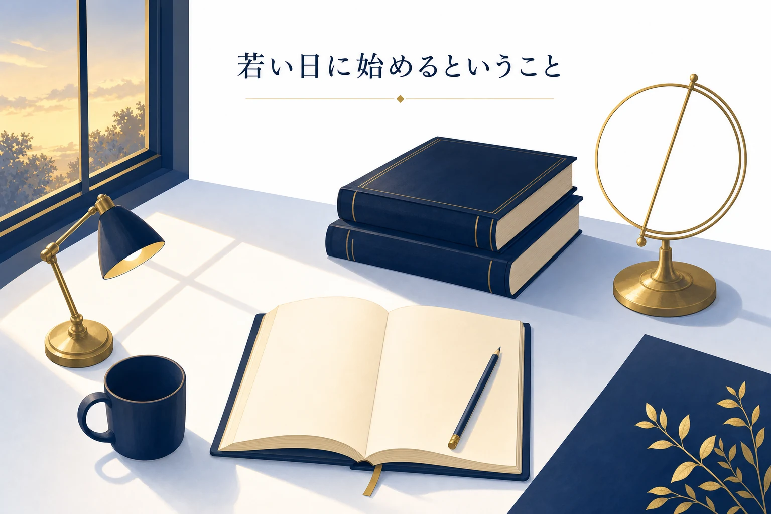 学生の机に教科書と地球儀の輪郭、ノートを置いた、若くして始める投資のアイキャッチ