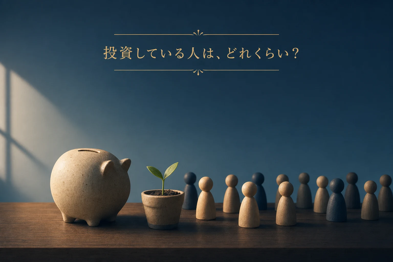 机の上の貯金箱と小さな芽、顔のない人型の小さな人形が並ぶ、投資している人の割合を表したアイキャッチ