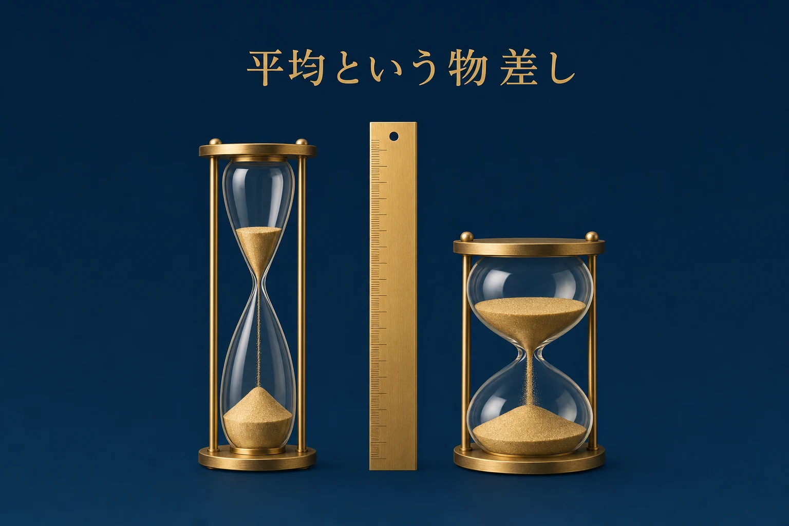 左右に置かれた二つの砂時計と真鍮の定規で、物差しの違いを表したアイキャッチ
