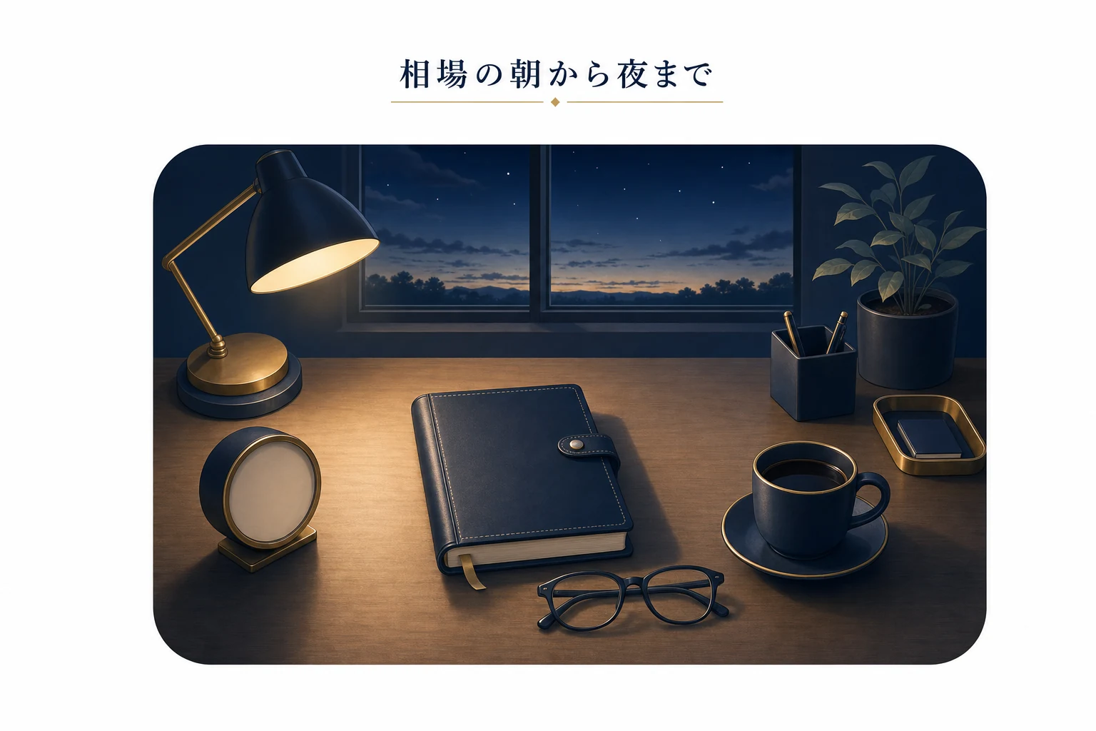 早朝の机に眼鏡と閉じた手帳、置き時計、コーヒーを並べた、プロの一日のアイキャッチ