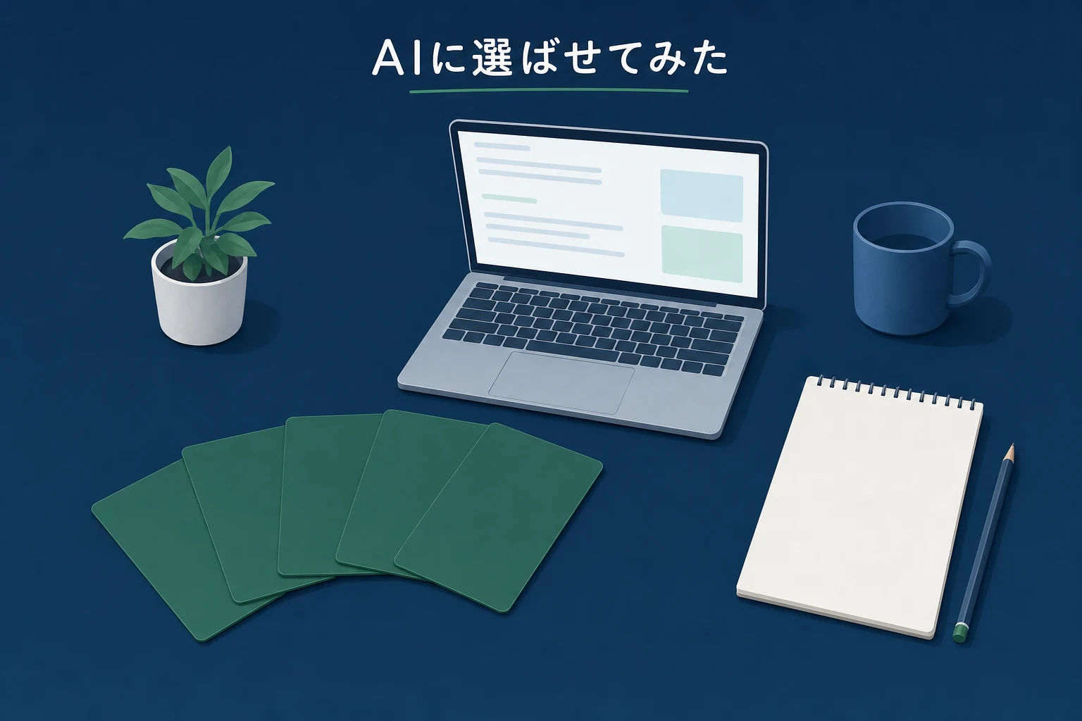 机に伏せて置かれた同じ形のカードと、抽象的な線だけが映るノートパソコンを描いたアイキャッチ