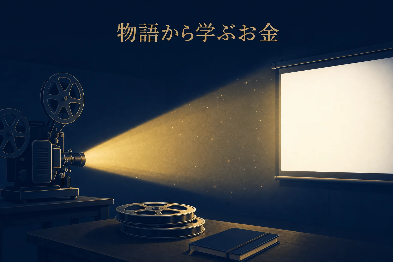 暗い部屋の映写機の光と何も映っていないスクリーン、フィルムのリールのアイキャッチ