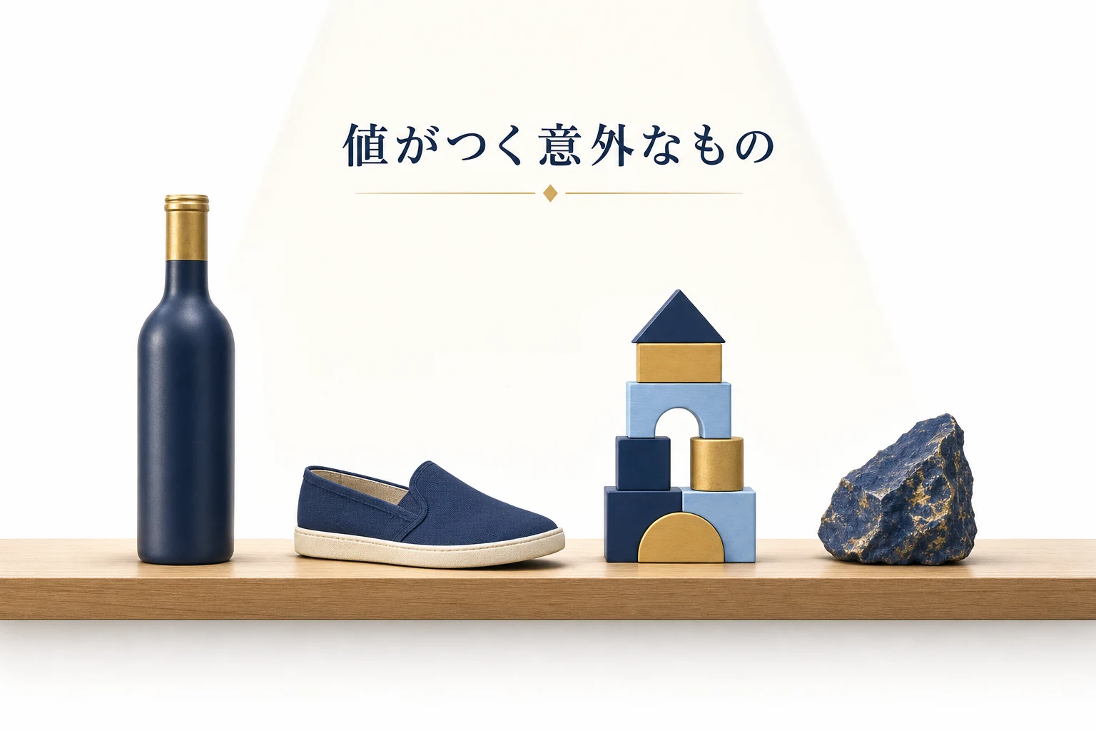 棚に並んだワインボトルや靴、組み立てブロック、石で、風変わりな投資対象を表したアイキャッチ