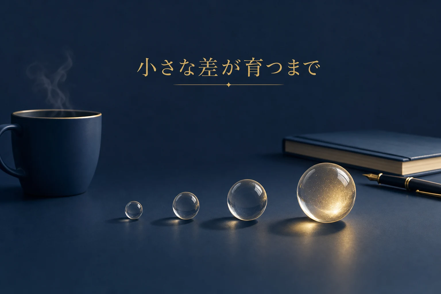 マグカップの脇に小さなガラス玉が少しずつ大きくなって並ぶ、複利のアイキャッチ