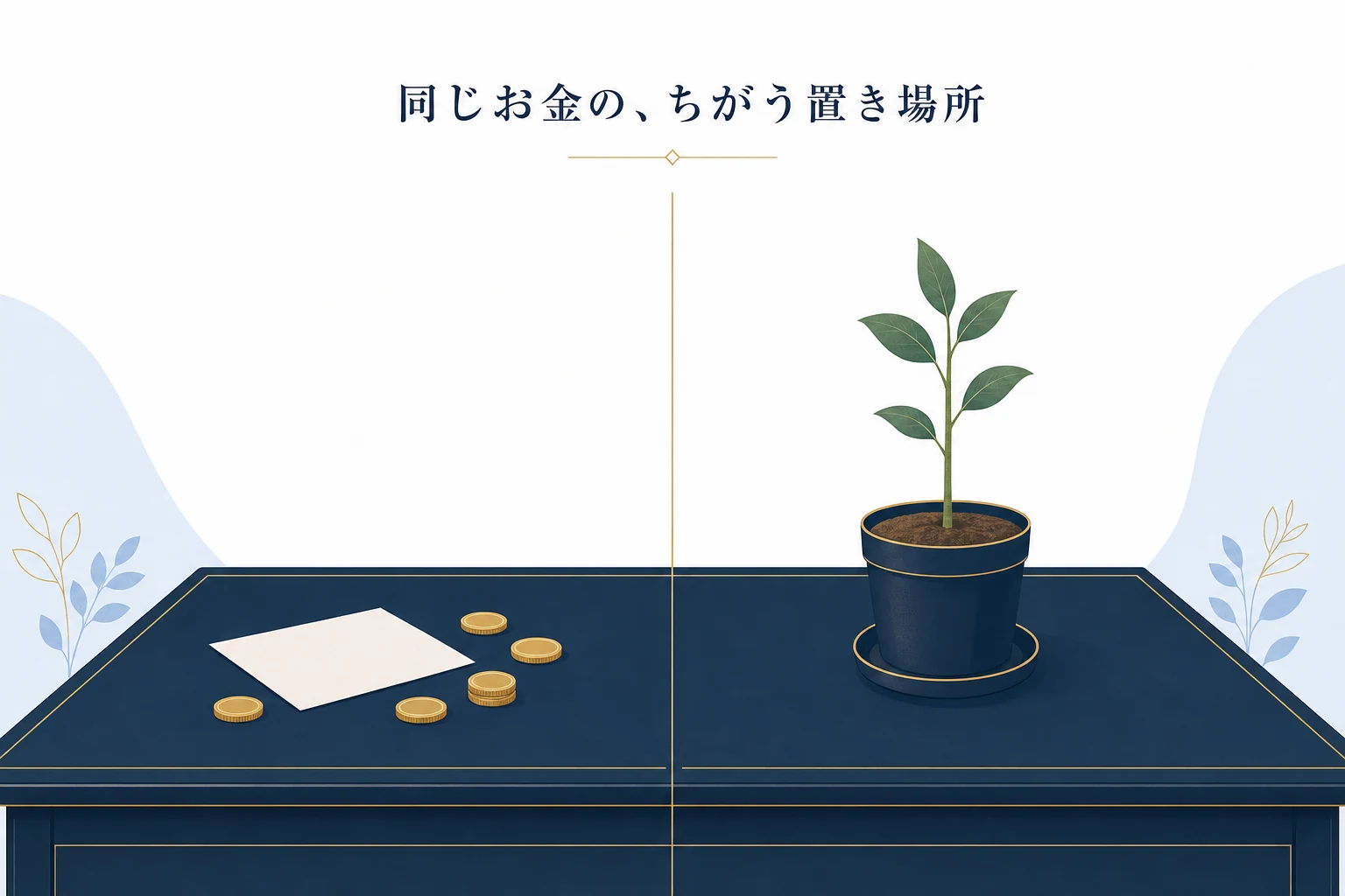 机の中央の仕切りをはさんで、左にくじの紙とコイン、右に育ちはじめた若木の鉢が置かれた対比のアイキャッチ