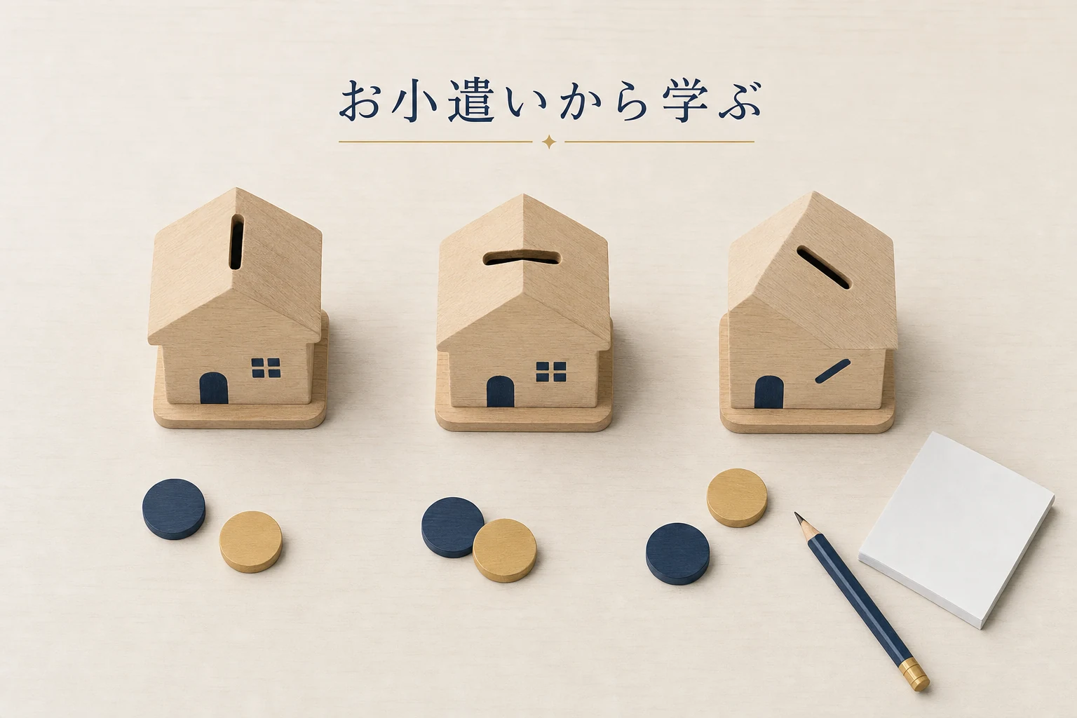 三つの木の貯金箱と木のコイン片を俯瞰で並べた、子どもへのお金の教え方のアイキャッチ
