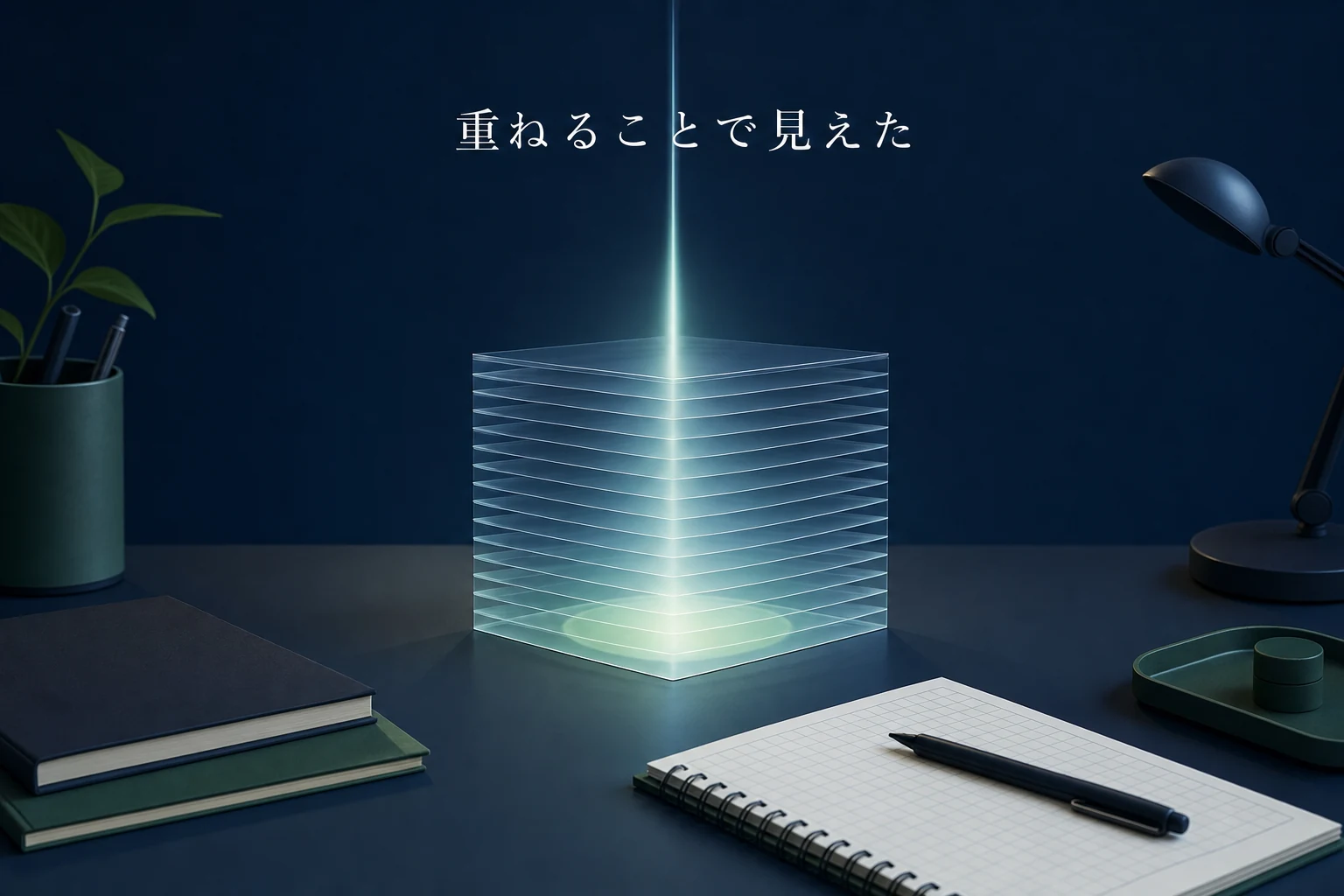 透明な板を何層も重ねた立方体を光の筋が上から下へ通り抜けているアイキャッチ