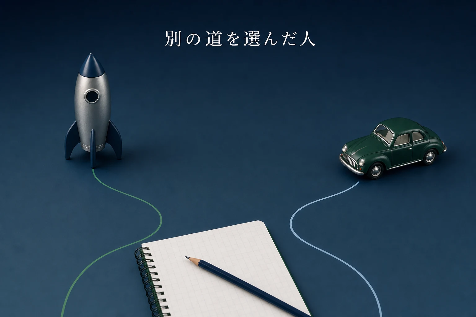 机の上に小さなロケットの模型と車の模型が離れて置かれ、細い線が別方向へ伸びるアイキャッチ
