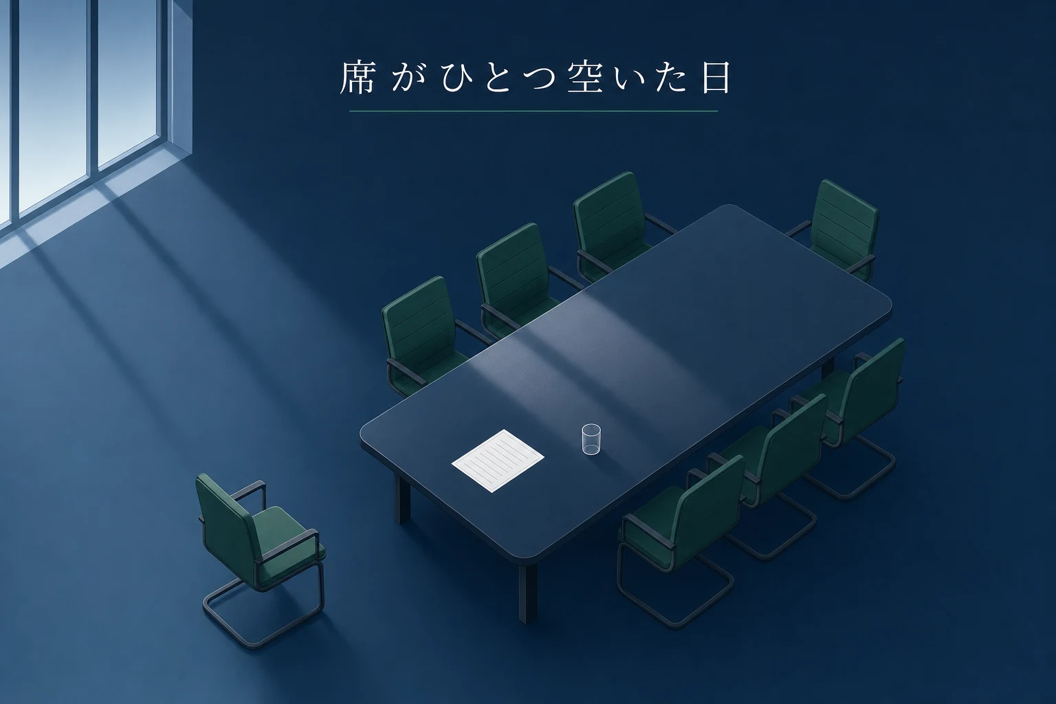 会議室の長机に椅子が並び、一脚だけ少し引かれて空いている様子を描いたアイキャッチ