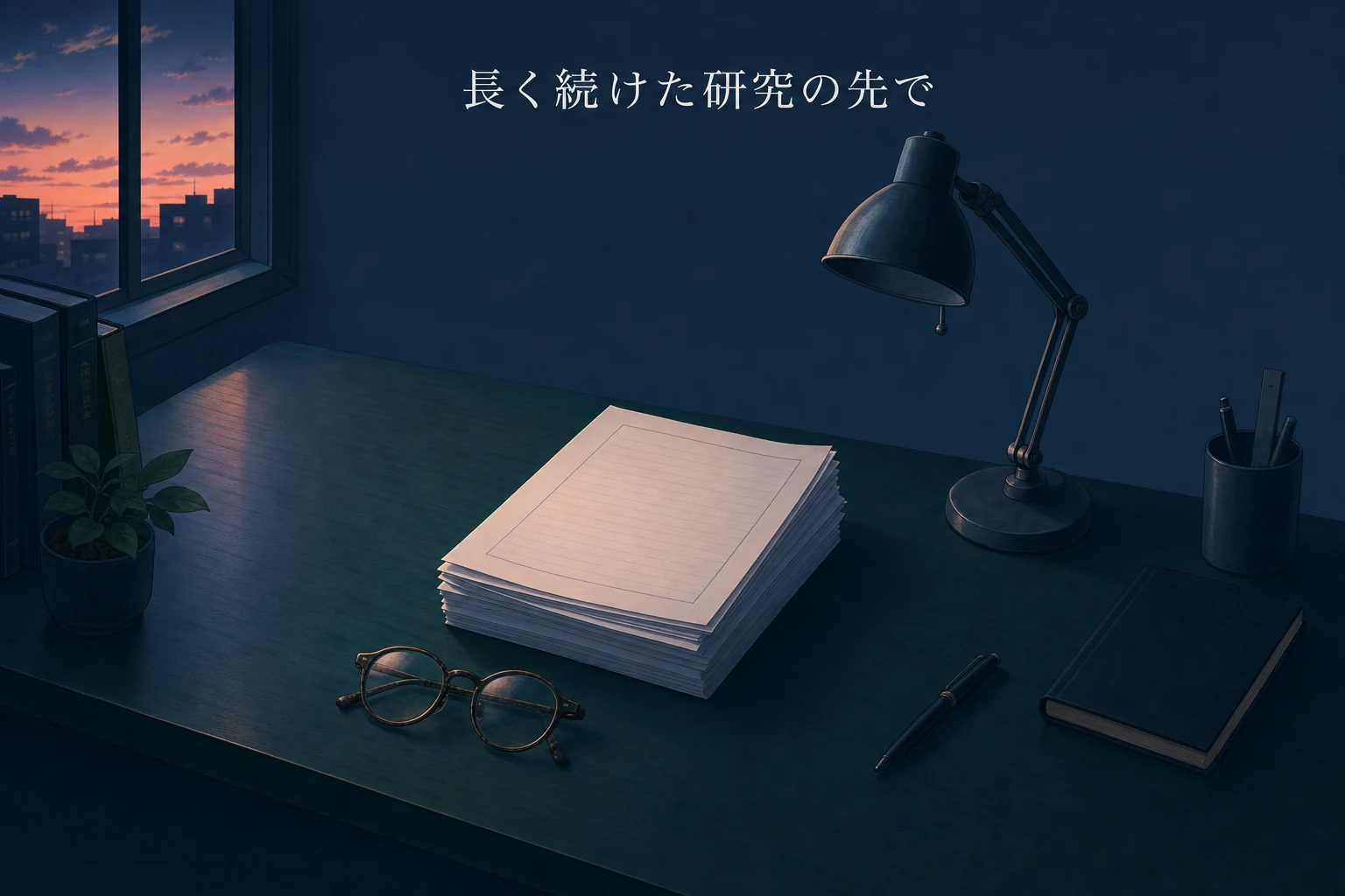 積み重なった論文の束と眼鏡、灯りを落としたデスクランプが並ぶ長い研究のアイキャッチ