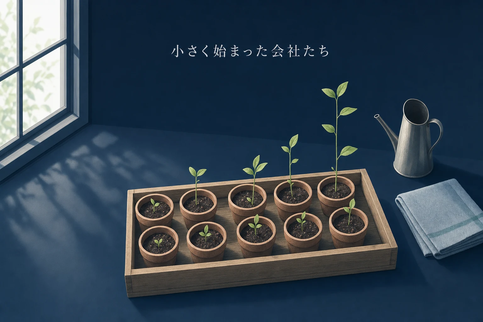 木箱に並んだ小さな鉢の若い苗と、そばに置かれた水差しを描いた国産スタートアップのアイキャッチ