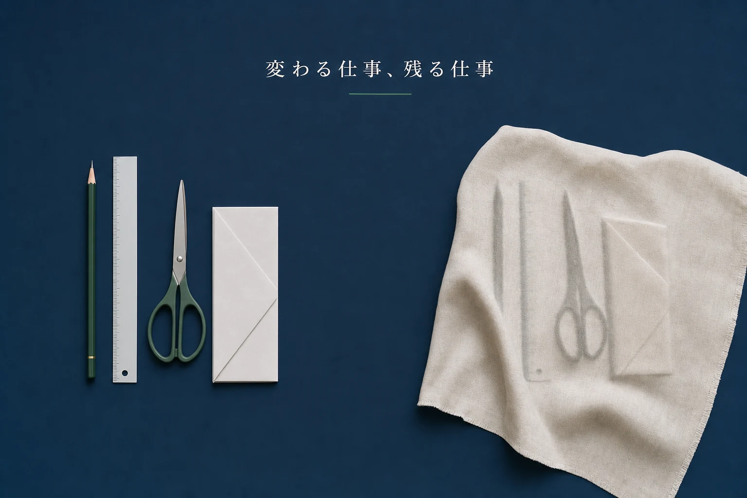 机の上で二群に分けられた道具のうち、片方に薄い布がかけられている仕事の変化のアイキャッチ