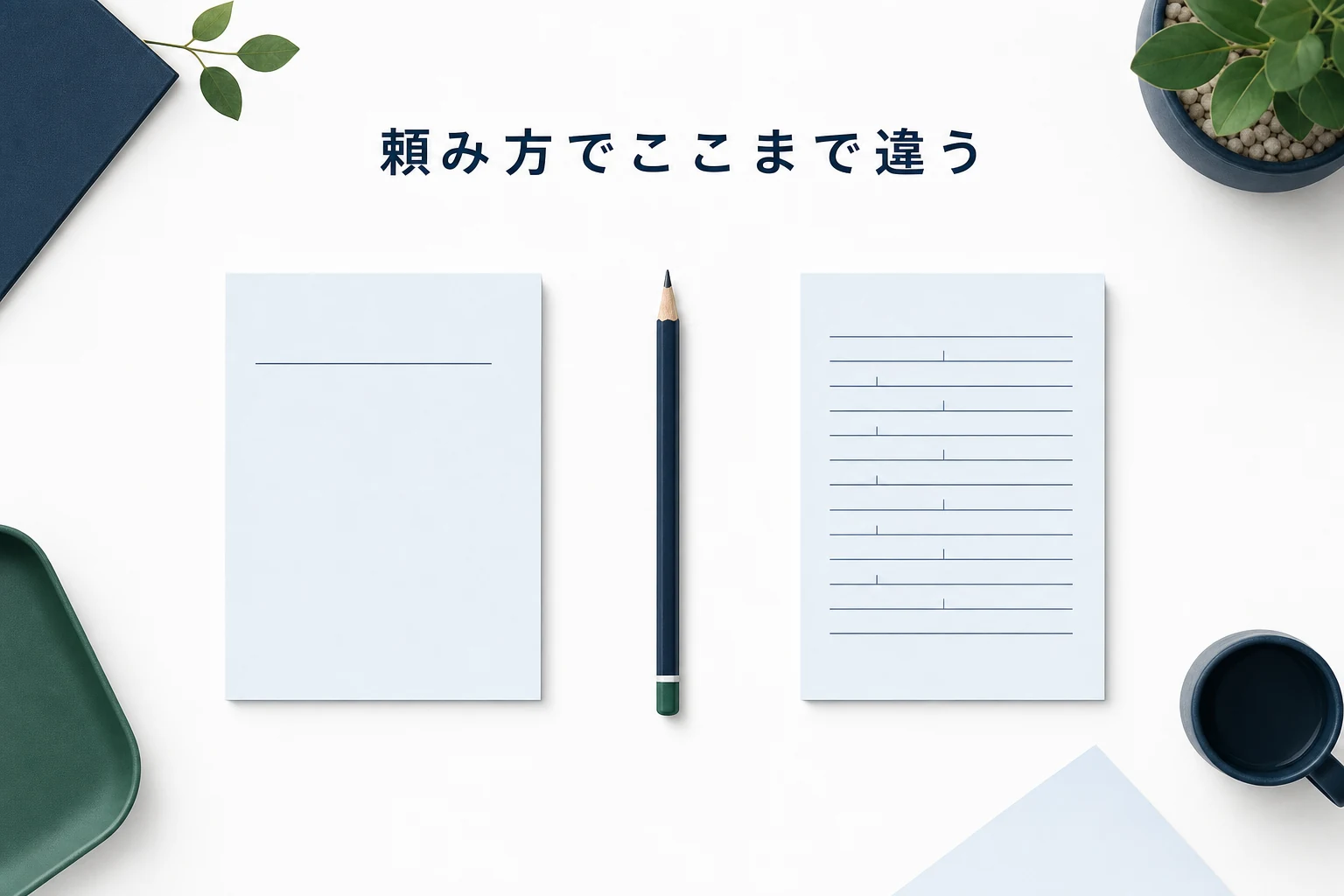 机の左に短い指示メモ、右に線が細かく書き込まれたメモが並ぶ、頼み方の差を表したアイキャッチ