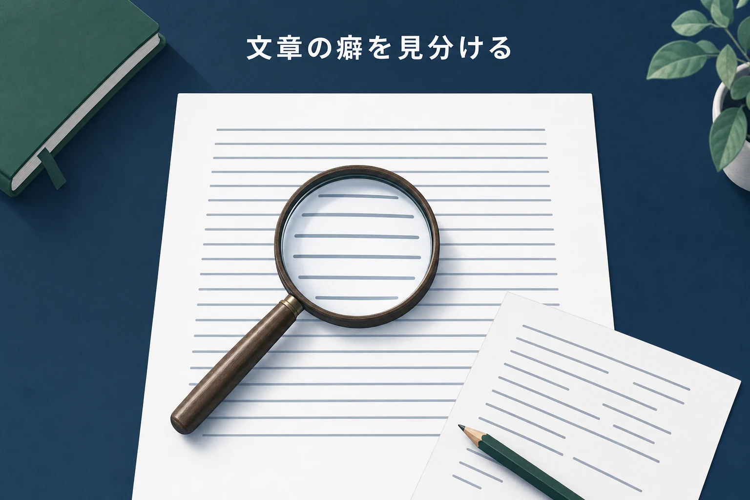 虫めがねの下に、行の長さがそろいすぎた罫線の紙が置かれた文章の見分け方のアイキャッチ