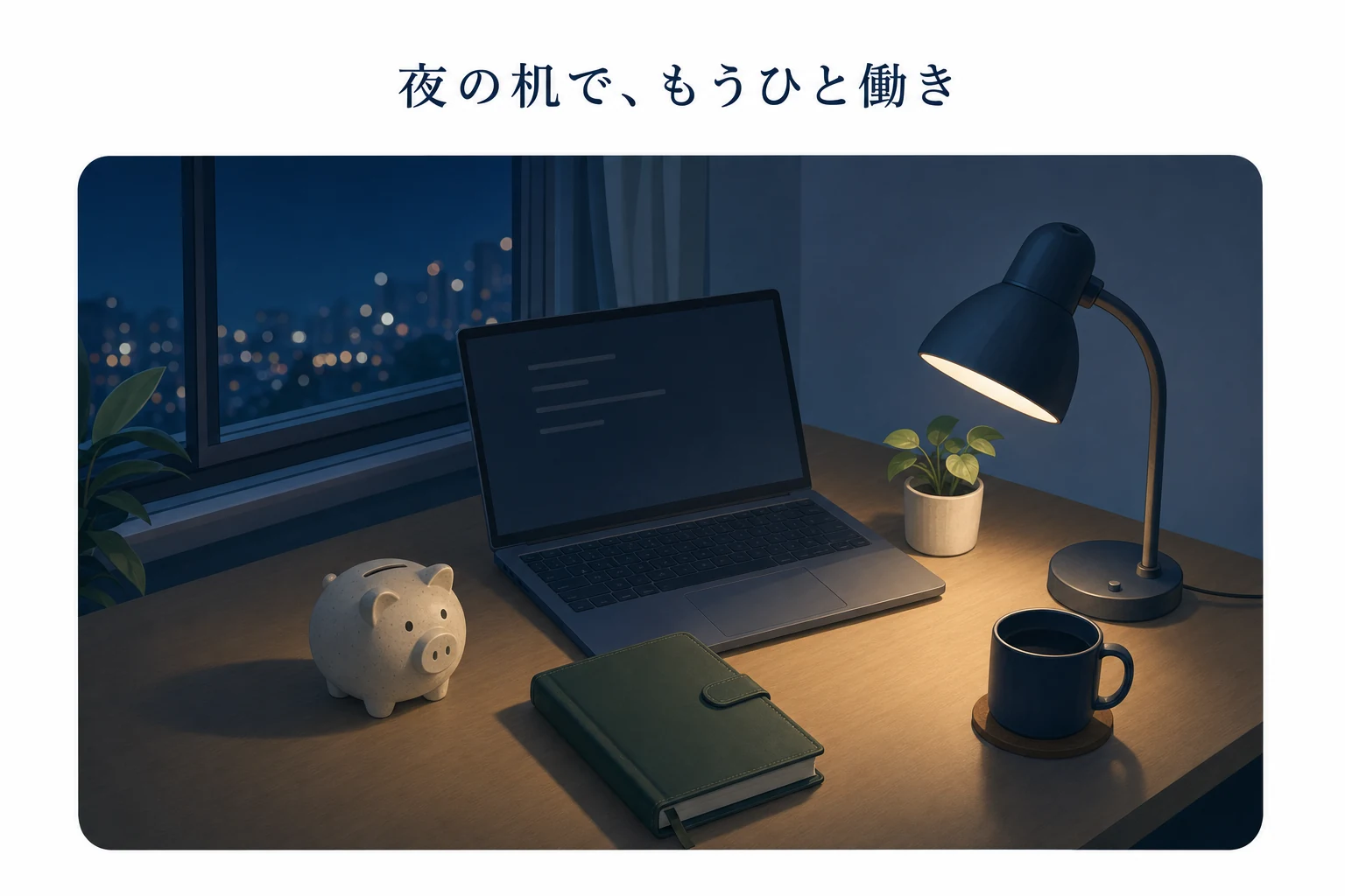 夜の机にノートパソコンと素朴な貯金箱、閉じた手帳が置かれた副業のアイキャッチ