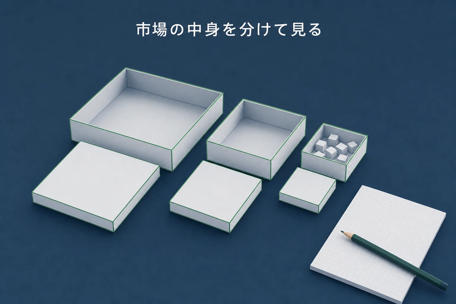 入れ子の四角い箱が開かれて段階的に並び、中身の内訳を示している市場規模のアイキャッチ