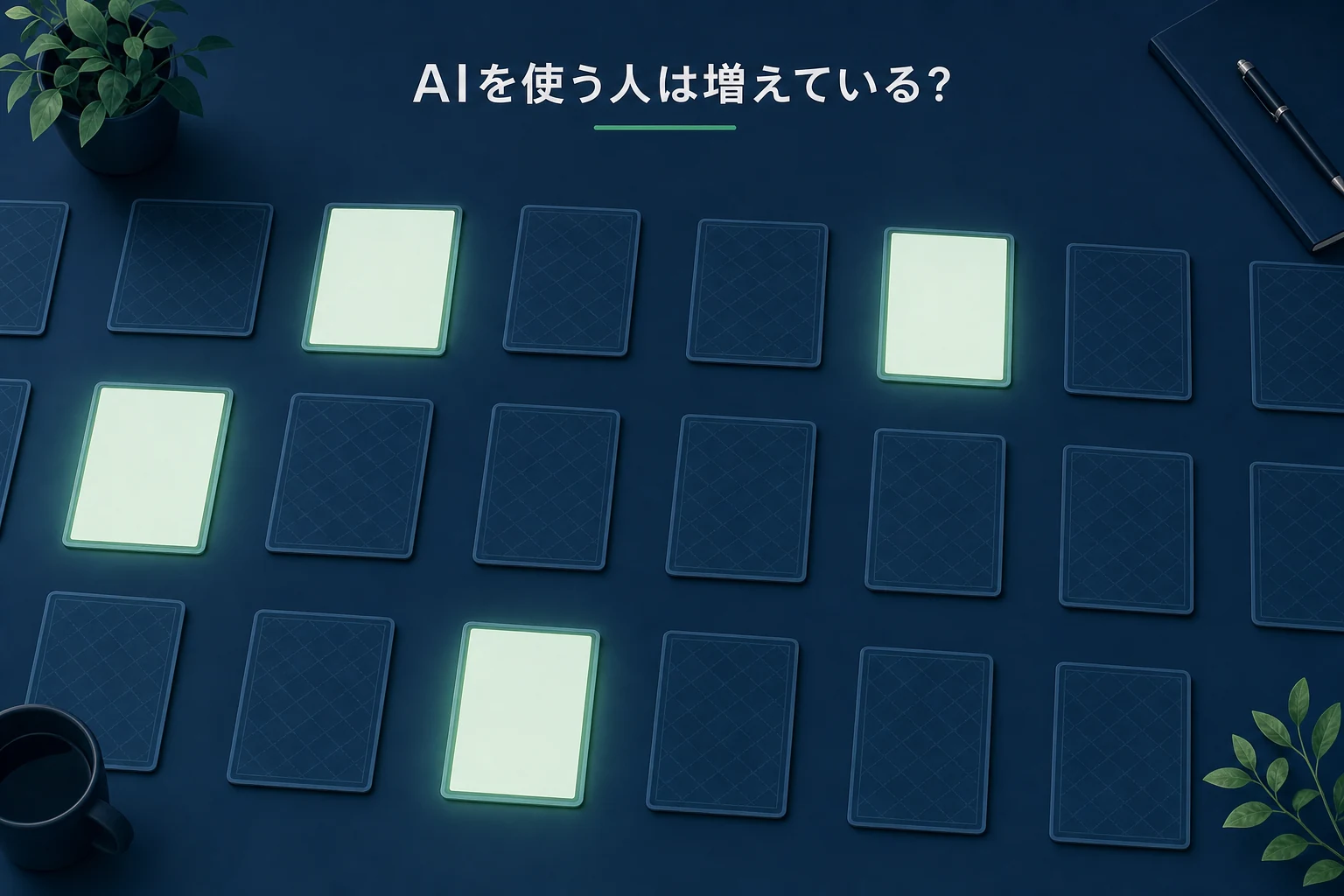 机に同じ形のカードが並び、いくつかだけが表を向いて淡く光っている、利用の広がりを表したアイキャッチ