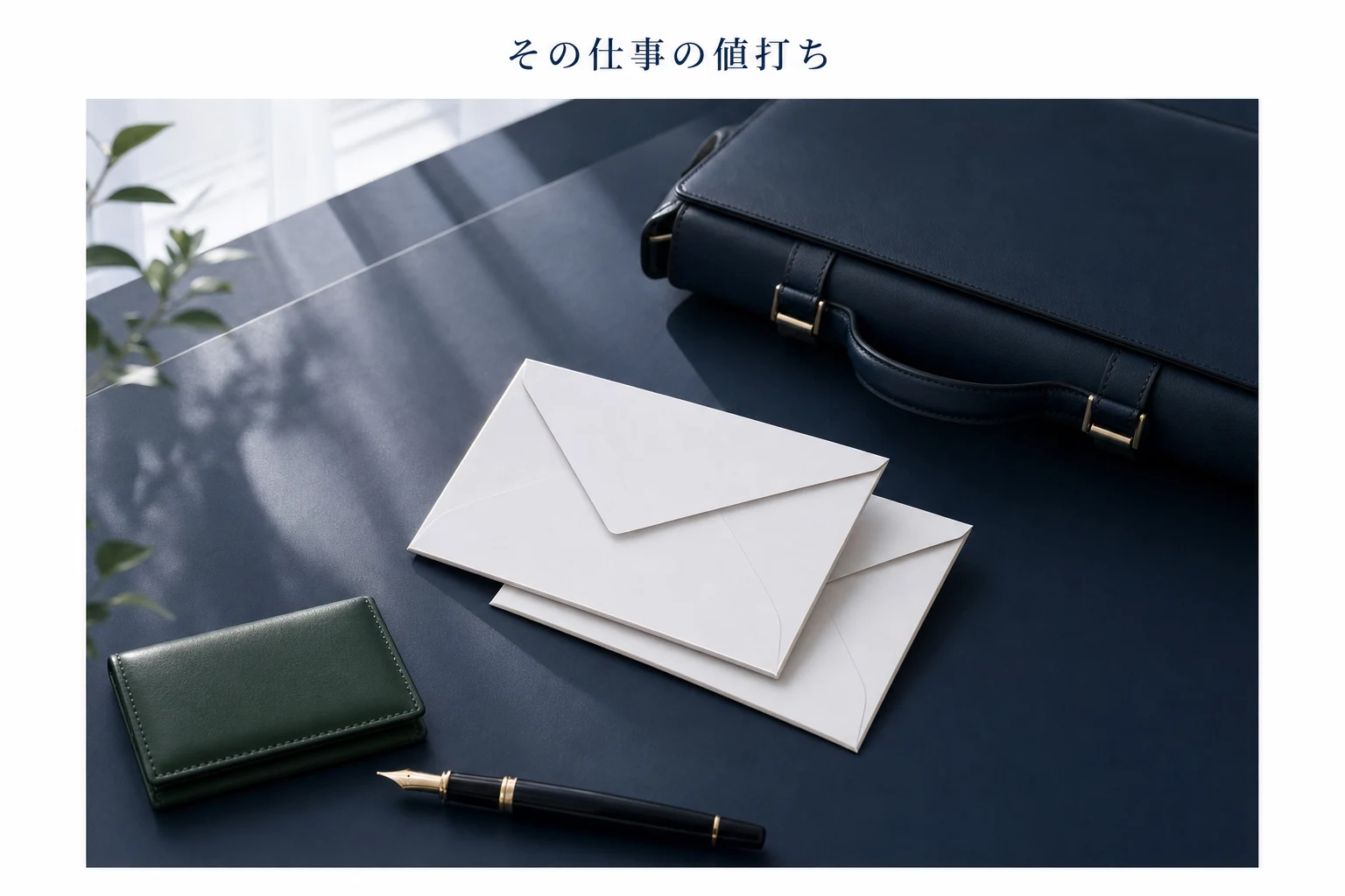 机の上に厚みの違う封筒が二通と、革の鞄、名刺入れが置かれた仕事の値打ちのアイキャッチ