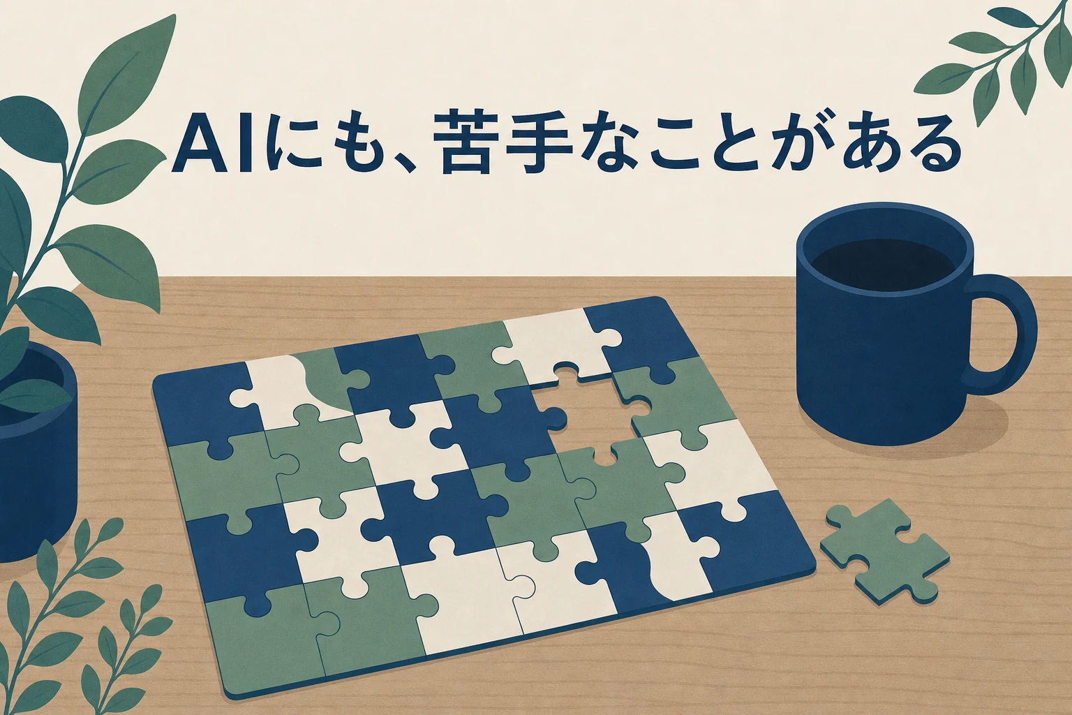 1ピースだけ欠けたジグソーパズルが置かれた机のイラスト。AIにも苦手なことがあることを表したアイキャッチ