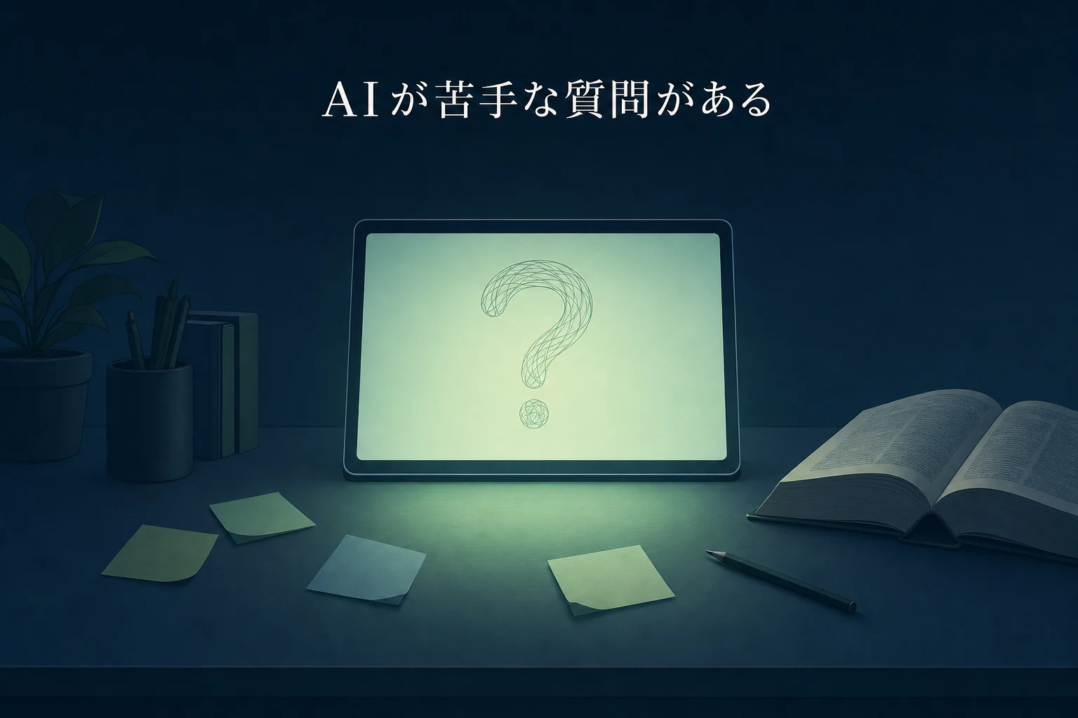 机の端末の画面に大きな疑問符だけが浮かび、周りに白紙の付箋と辞書が置かれたアイキャッチ